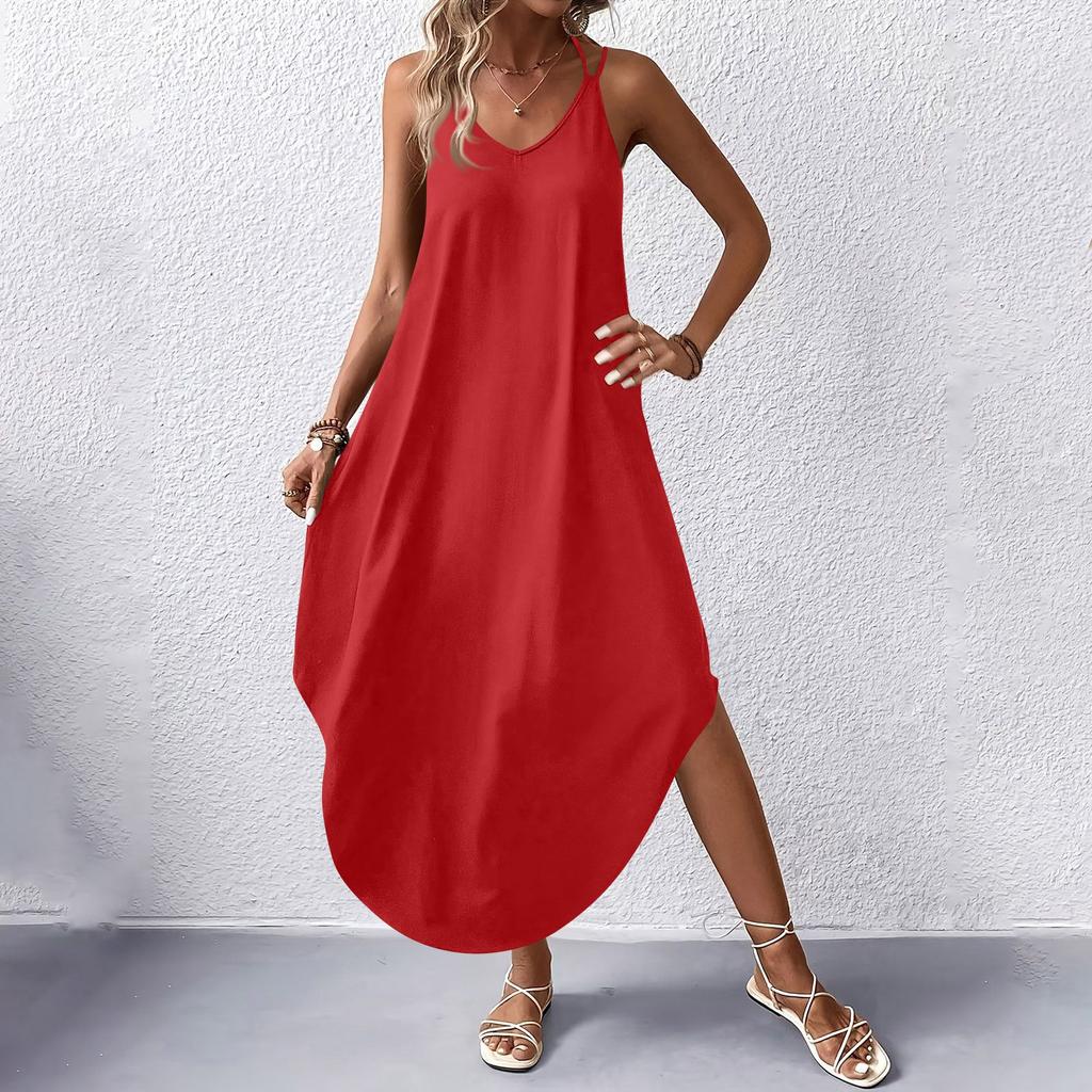 Women's Fashion Casual V-neck Sleeveless  Dresses Print Dresses Beach Long Dresses