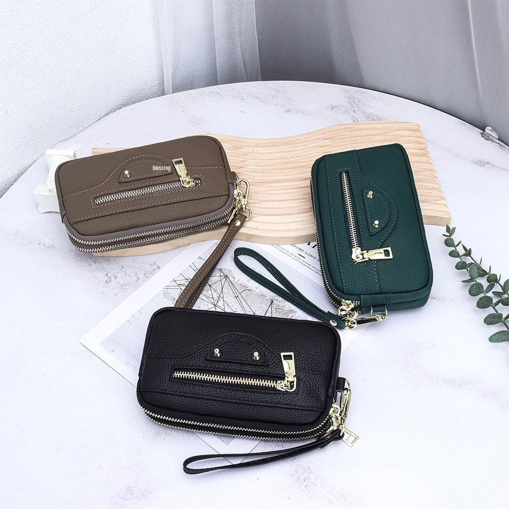 Women's Genuine Leather Motorcycle Style Clutch Bag with Double Zipper for Phone Storage, Top Layer Cowhide Handbag.