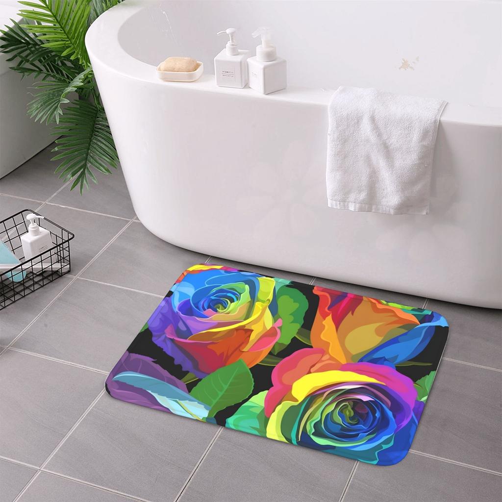 1PC Rainbow Gradient Roses Kitchen Rug Non-Slip Door Mat Pop Design Bathroom Rug Bath Mat Carpet for Home Sink Laundry Decor