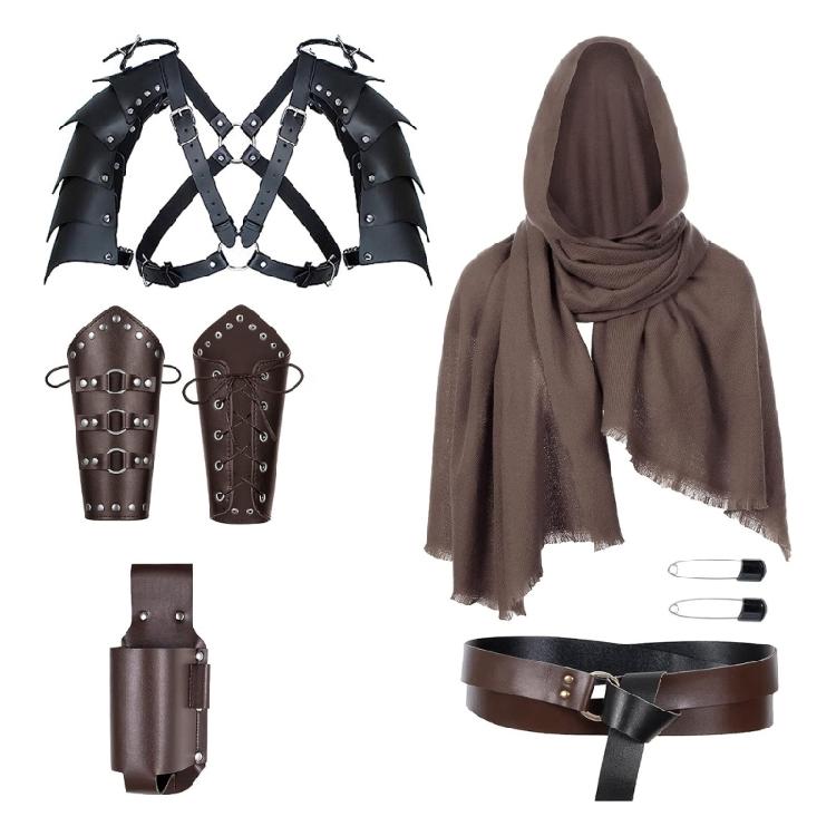 Medieval Costume Set for Men Includes Faux Leather Belt Shoulder Armors Bracers and Shawl Scarf for LARP and Festivals