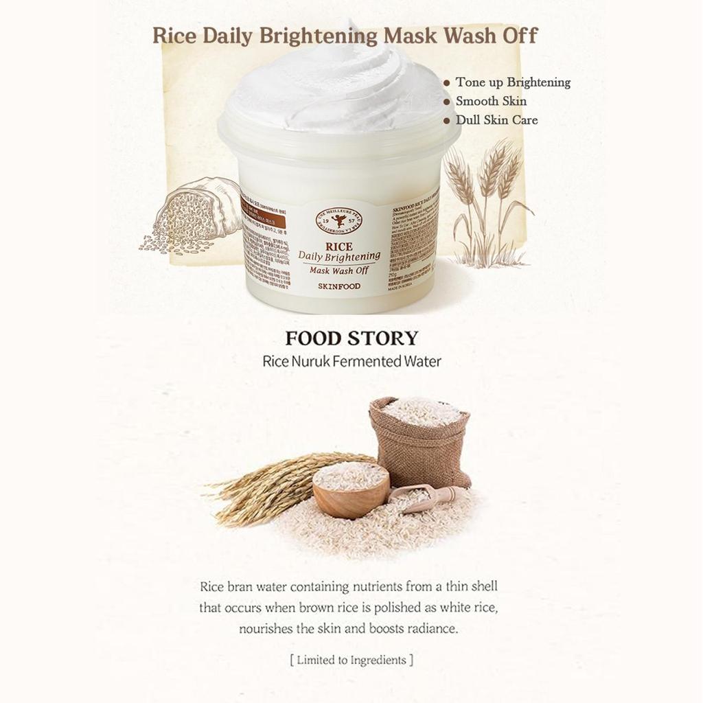 Skinfood Masque Éclaircissant Quotidien au Riz à Rincer 210g, Extrait de Riz Naturel, Teint Doucement Éclairci, Cosmétiques Coréens, Soins de la Peau Coréens