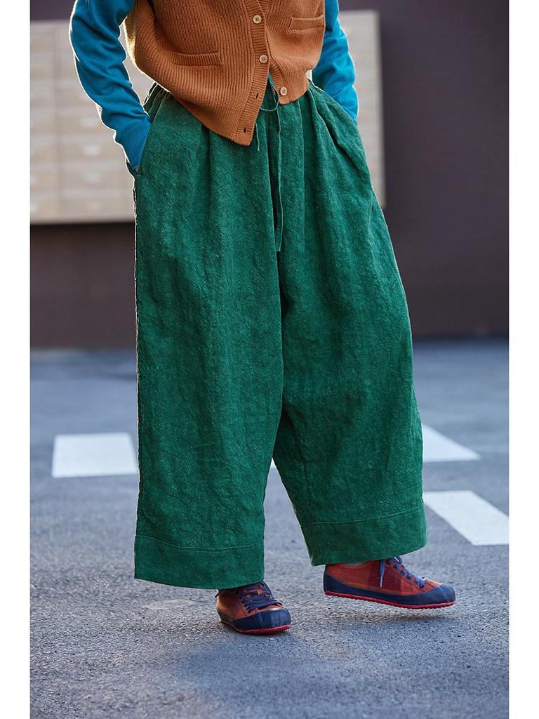 Spring Artistic Retro Forest Green Loose Linen Double-Layer Elastic Waist Pants
