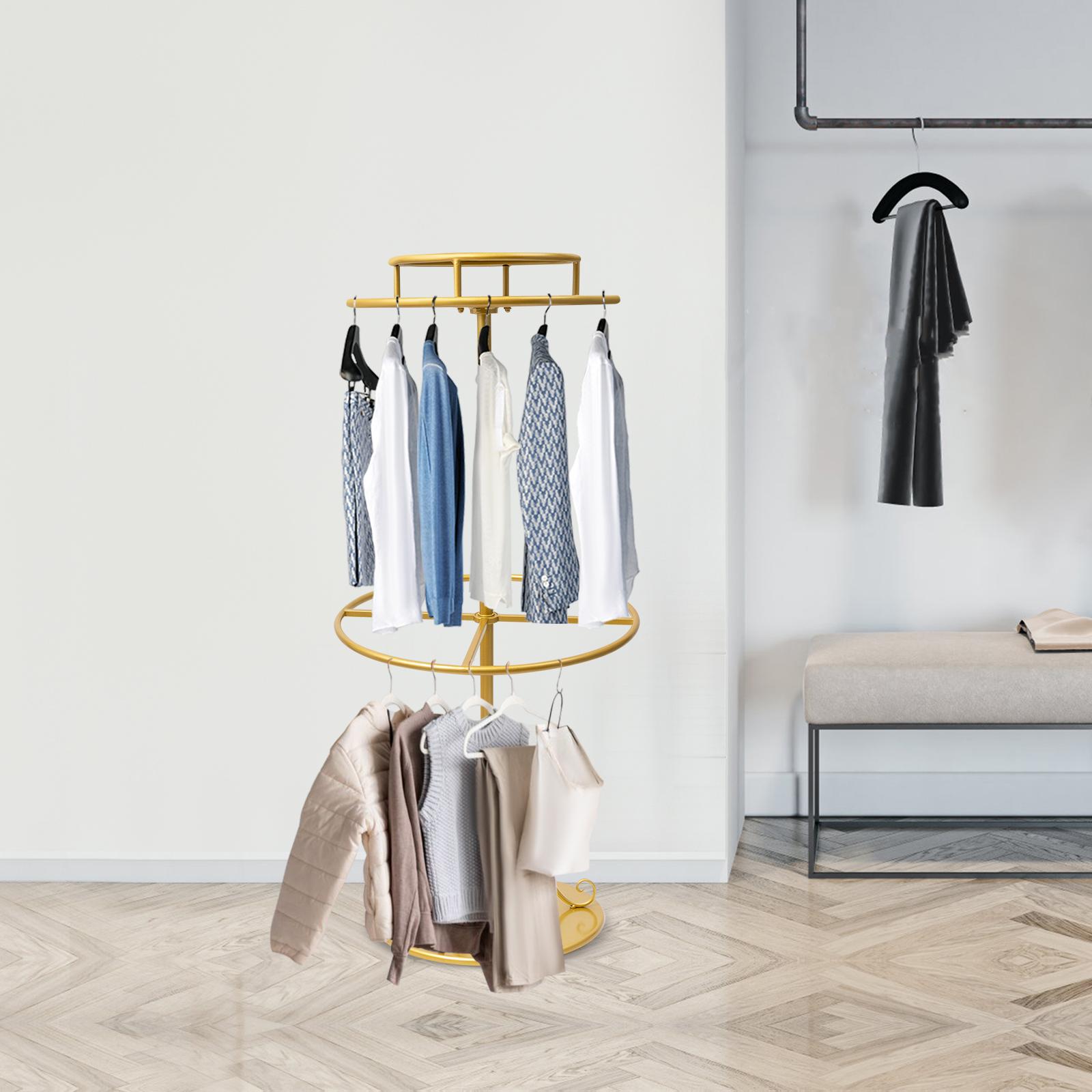 

Двухъярусная круглая вешалка для одежды из углеродистой стали, вращающаяся на 360 градусов стойка для демонстрации одежды, вешалка для одежды грузоподъемностью 50 фунтов