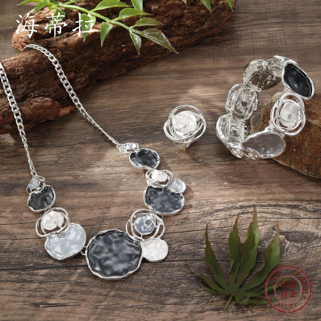 Color painting oil rose ring bracelet necklace set women's banquet high-end jewelry set