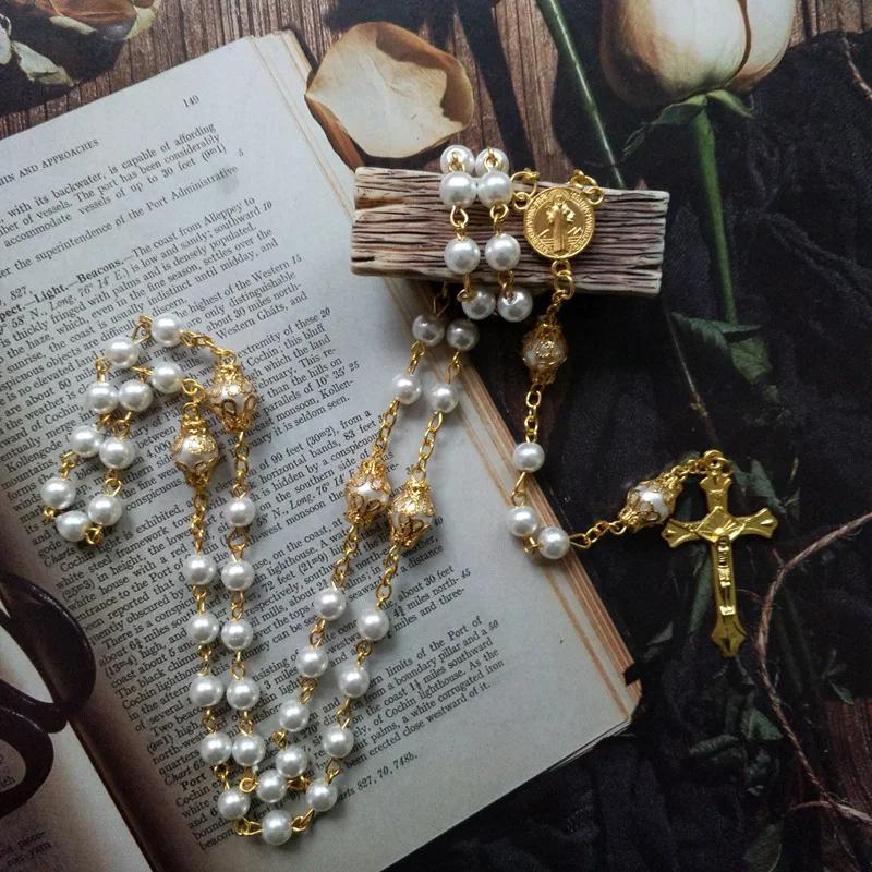 Religious Five Blessed Rosary Necklace Prayer Beaded Chain Chaplet Saint Benedict Medal Crucifix Cross Y-Necklace Jewelry