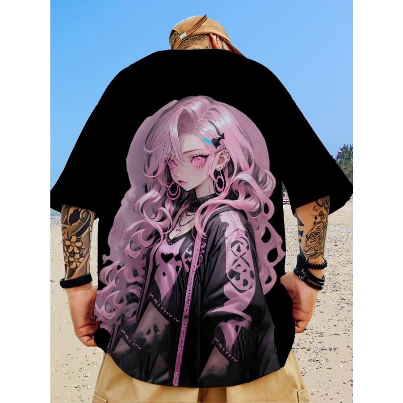 Nova camiseta casual masculina com estampa de beleza bidimensional impressa em 3D, manga curta, moda de rua, estampa de anime, top de gola redonda