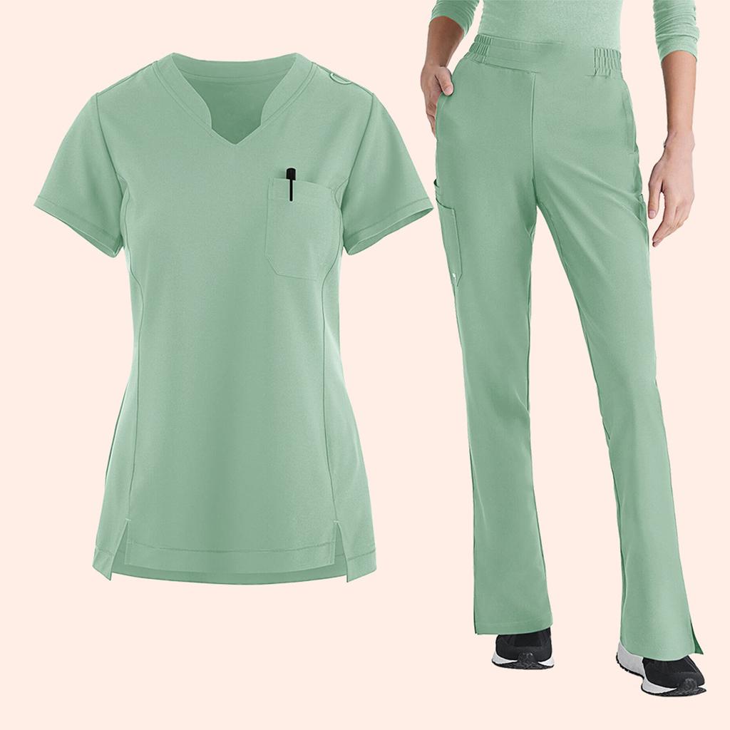Women's Loose And Comfortable V-neck Short Sleeved Workwear With Tie Up Top And Waist Cinching Beauty Suit Set