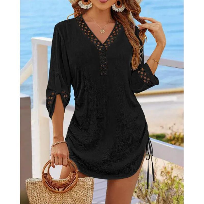 QICED Fashion Summer Spring Solid Color Print V-Neck 3/4 Sleeves Casual Dresses