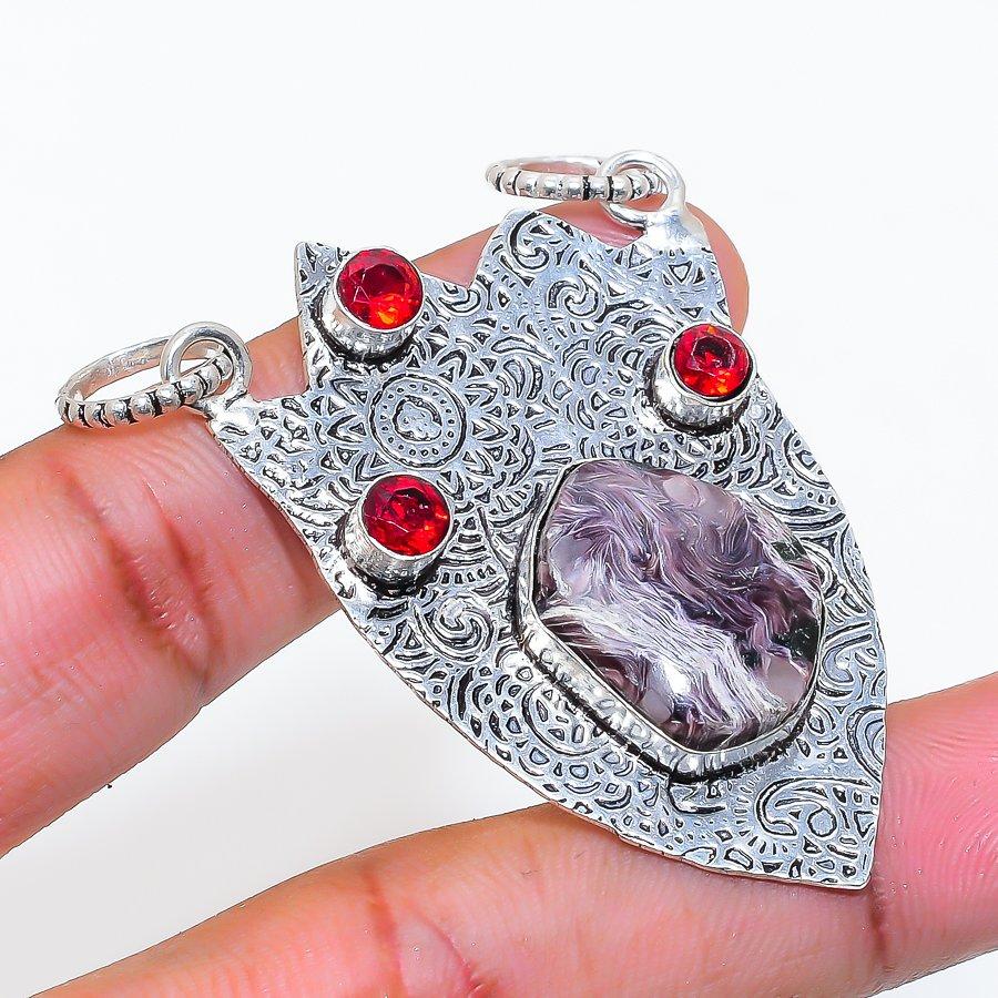 Natural Russian Charoite, Garnet 925 Sterling Silver Jewelry Pendant 2.21" ZS-322