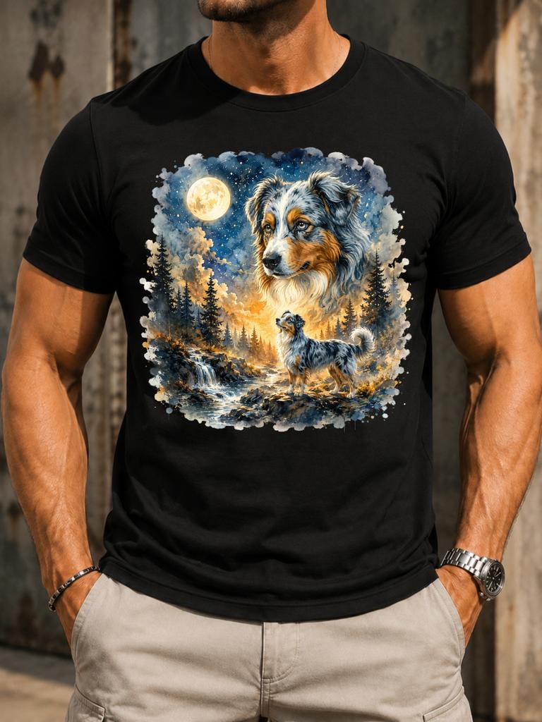 Dog Moon Landse Watercolor Border Australian Shepherd Portrait Forest Waterfall And Glowing Full Unisex All TShirt