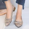 Fashion Bowtie Mesh Decor Low Heel Pumps Women Fashion Shiny Sequin Pointed Toe Banquet Dress Shoes Summer Comfort Breathable Loafers