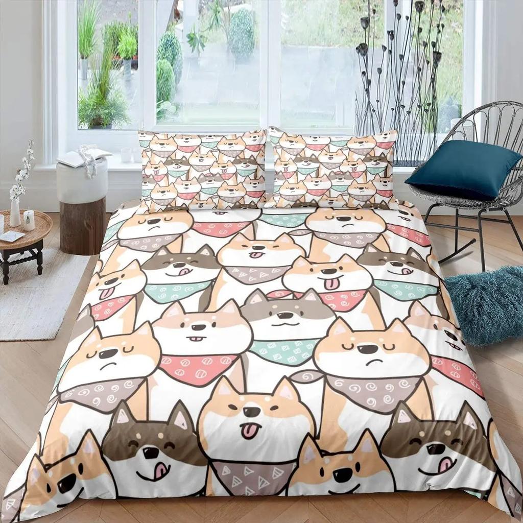 Shiba Inu Duvet Cover Set Cute Shiba Inu Bedding Set Cute Yellow Dog Cartoon Animal Farmhouse Pet Animals Polyester Quilt Cover