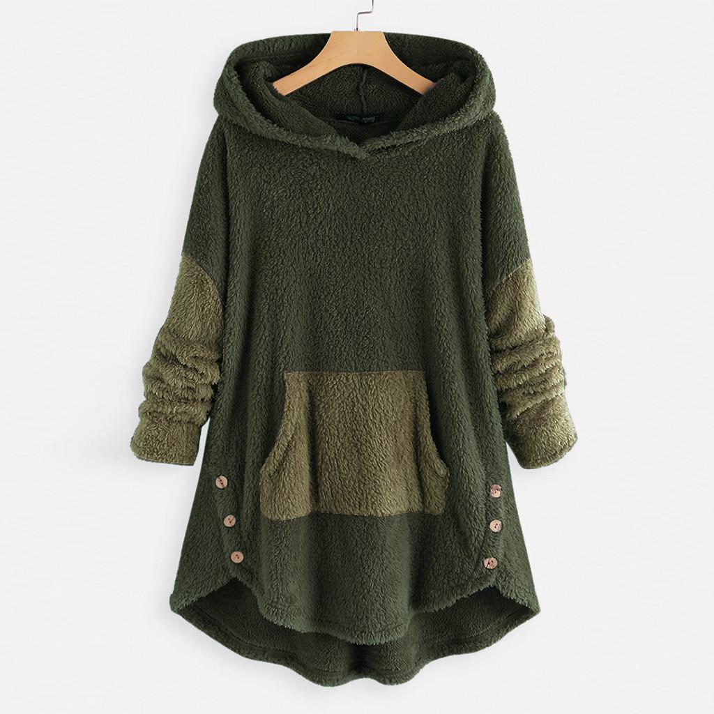 Women Fleece Patchwork Plush Button Hem Plus Size Hoodie Top Sweater Blouse