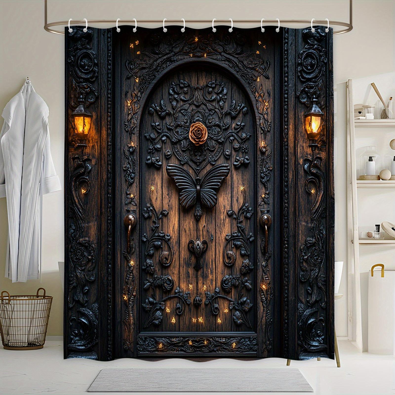 

Ornate Wooden Door Bath Curtain - Intricate Carvings With Amber Rose, Butterfly & Vintage Lanterns, Gothic Victorian Aesthetic W60H190(CM)-1 Pcs