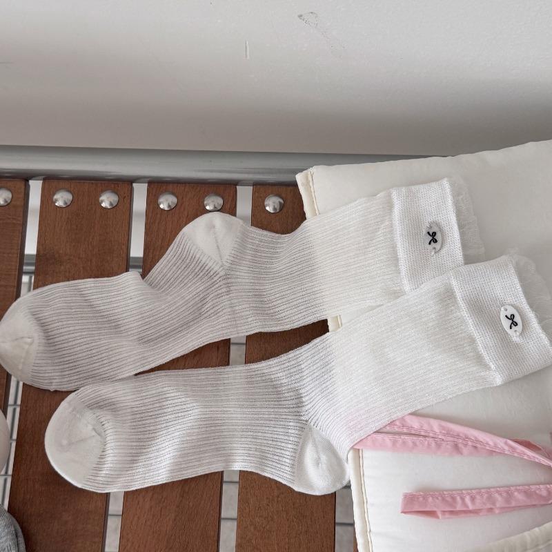 Thin Mulberry Silk Lace Edge Bow Buckle Pile Mid-calf Socks, Sweat-absorbing and Anti-ball Mesh Socks for Women