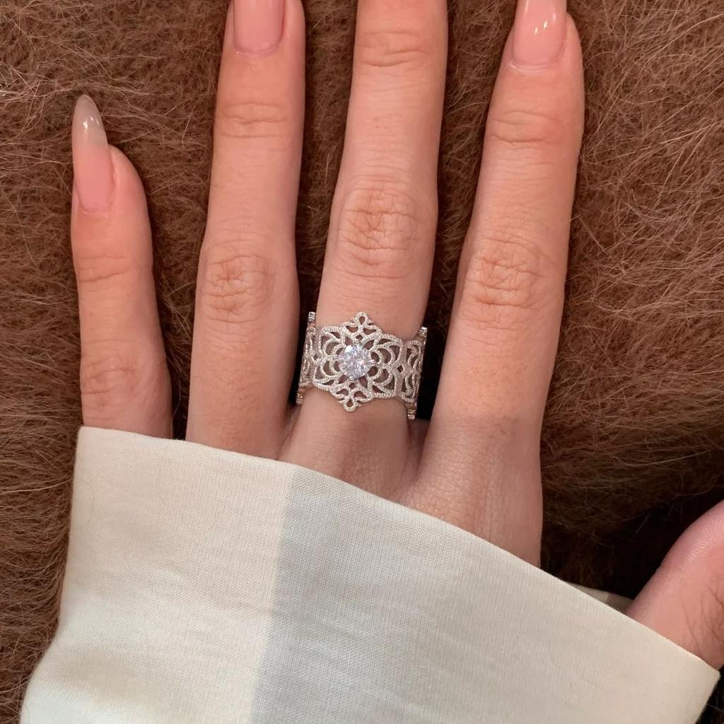 925 Sterling Silver Rings for Women Couple Minimalist Handmade Simple Wide Hollow Ring Fine Jewelry Gift Prevent Allergy