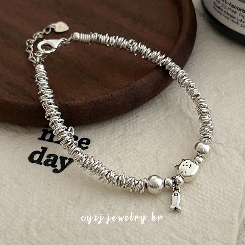 Cui Yan S925 Sterling Silver Korean Style Cat & Fish Wrap Bracelet for Women - Simple, Niche Design, 2025 New Collection.