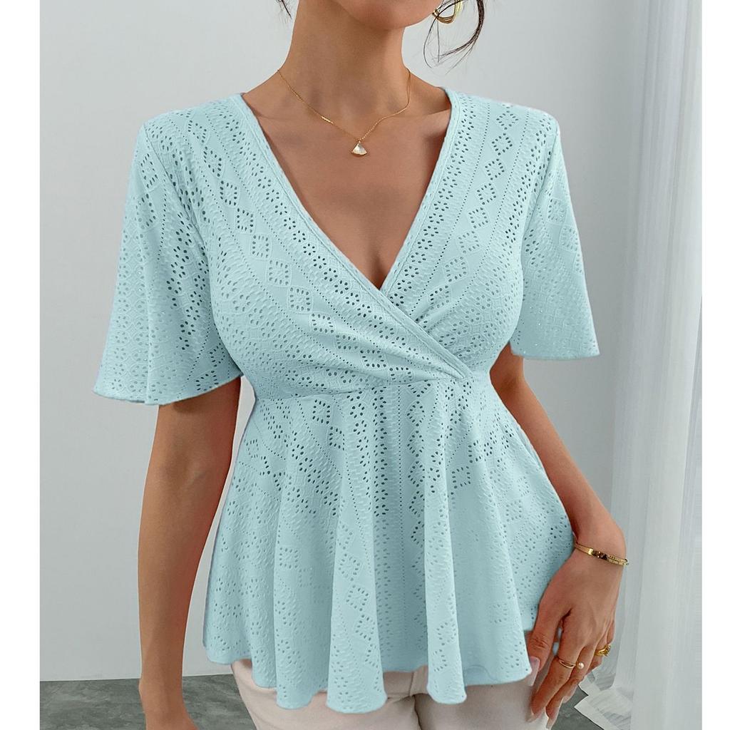 Women's Fashionable Casual  Solid Color V-Neck T-Shirt With Hollowed Out V-Neck Top