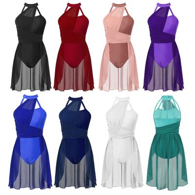 Rochie de dans liric pentru femei Design șifon încrețit Detaliu spate cu bretele Body fără mâneci Haine de spectacol