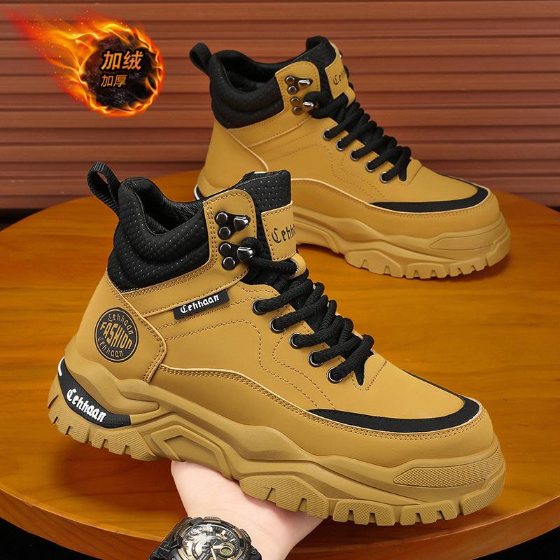 Martin Boots Men's Autumn and Winter Velvet Thickened High-top Hiking Shoes British Wind Mid-help Tooling Boots Desert Rhubarb Boots