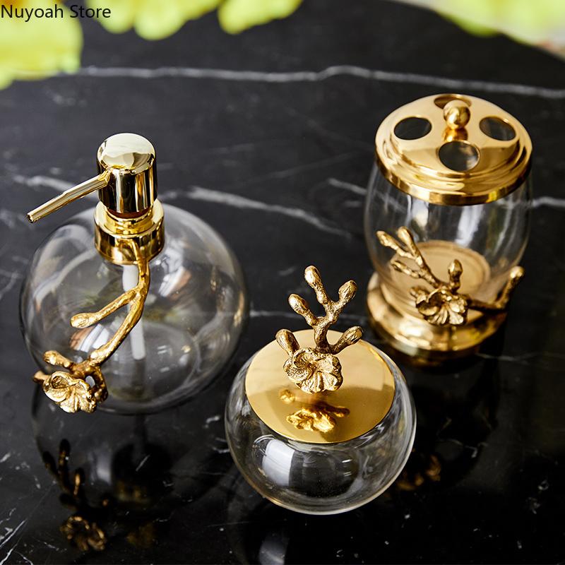 Light Luxury Bathroom Accessories Brass Transparent Crystal Glass Lotion Bottle Storage Tank Cotton Swab Box Marble Storage Tray