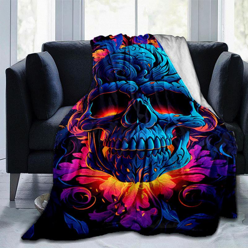 1pc Skull Printing Lightweight Flannel Blanket, Comfortable and Warm Blanket, for Camping Sofa Bed and Couch Office, Gift