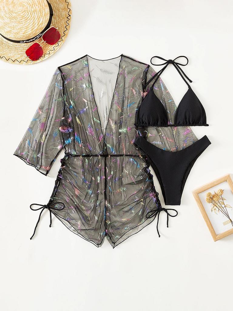 European & American Bikini Three-Piece Set: Mesh Sun Protection Cover-up with Nine-Sleeve & Sexy Bikini (2026)