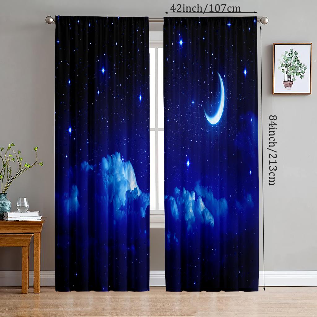 2pcs- Quiet Blue Starry Sky Polyester Curtains, Bathroom, Bedroom, Living Room, and Family Room Decorative Curtains