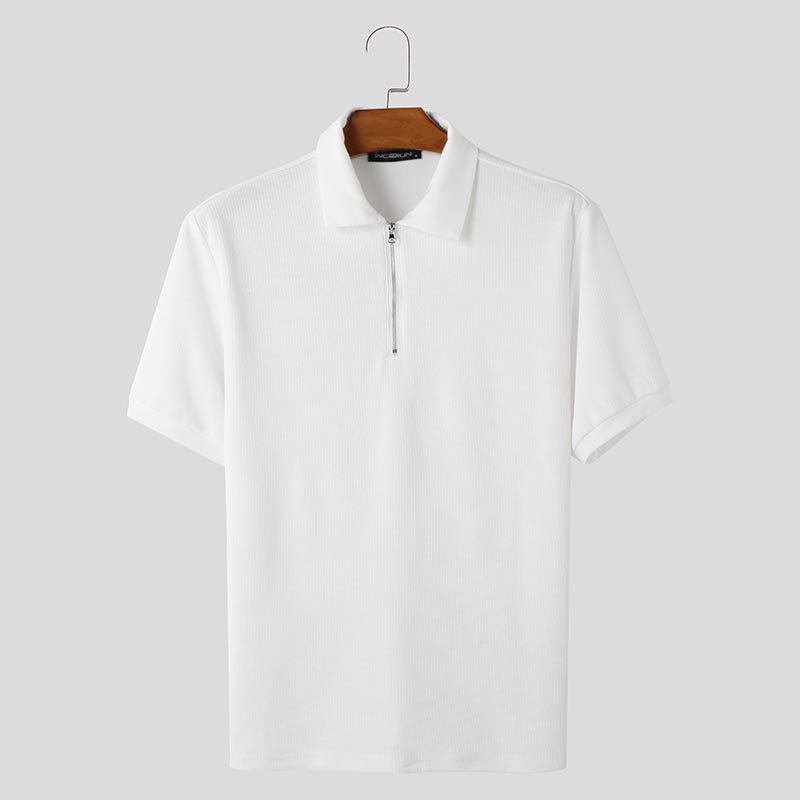 

INCERUN Summer Men Zip-up Lapel Neck Short Sleeve Texture Casual T-shirts Tops 4XL белый