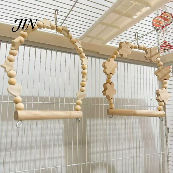 Bird Swing with Beads Parrot Perch, Solid Wood Perch Pole, Wooden Blocks And Cage Accessories Arch, Unpainted Toy for Small Medium Parrots Climbing