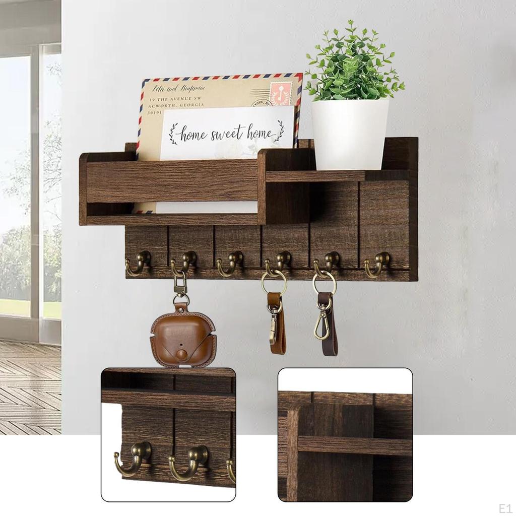 Wall Key Holder Mail Multipurpose Wooden Hanging Hooks Storage Rack for Dorm Office
