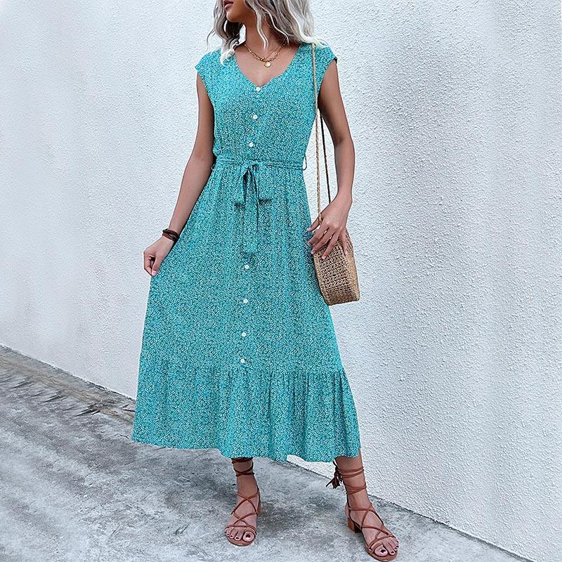 Women's V Neck Holiday Print Short Sleeve Lace Up A Line Chic Dress