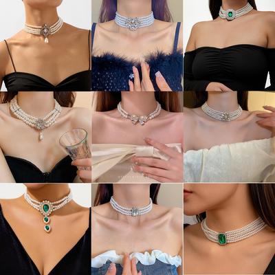 Europäische und amerikanische französische Retro-Perlen-Choker-Halskette, Imitationsperlen-Quadrat-Strass-Mode-Collier-Schmuck für Frauen