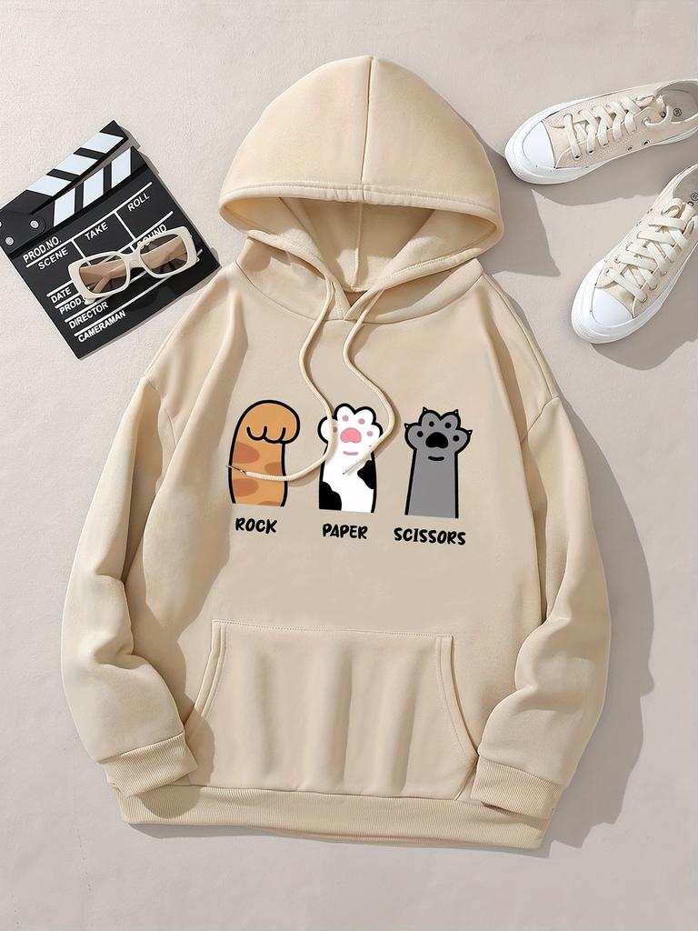 Three Cat Paw Pattern Printed Hoodie, Drawstring Casual Hooded Sweatshirt, Suitable for Winter and Autumn, Women's Clothing
