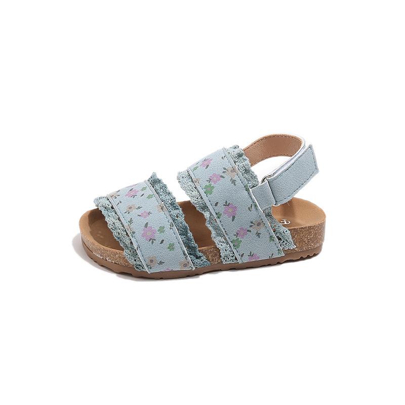 

Girls Sandals Sweet Floral Retro Kids Beach Shoes Open Toes Non-slip 2025 Summer New Children Princess Shoes Lace Cute Hook&loop 23 синий