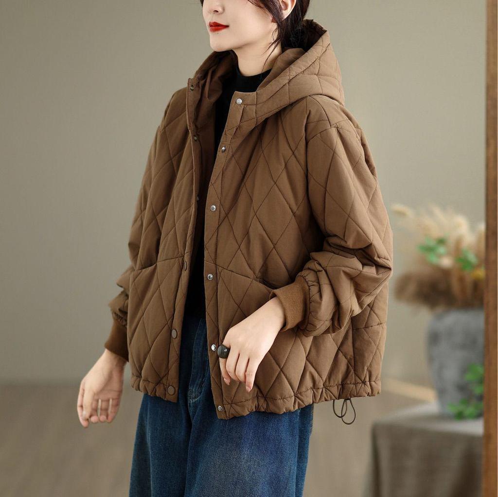 Women's Diamond Pattern Hooded Cotton Jacket - Winter Coat with Dark Buckle, Style 81607.