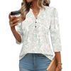 Women’s Fashion Loose Fit Three Quarter Sleeve Top with Print V Neck Button Comfortable Blouse for Daily Wear