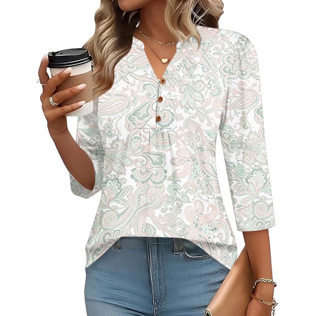 Women’s Fashion Loose Fit Three Quarter Sleeve Top with Print V Neck Button Comfortable Blouse for Daily Wear