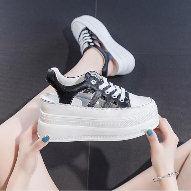 Fashion 9cm Hollow Full Cow Genuine Leather Women Summer Shoes Platform Sneakers Wedge Hidden Heel Women Summer Sandals Platform