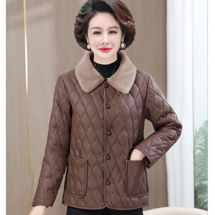 Women Winter Thick Plush Jacket Mom's Fur Collar Coat with Velvet Warm Quilted Coat