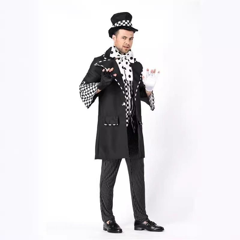 Mens Alice In Wonderland Cosplay Costume Mad Hatter Black White Checkered Fancy Dress Outfit Halloween Party Stage Performance