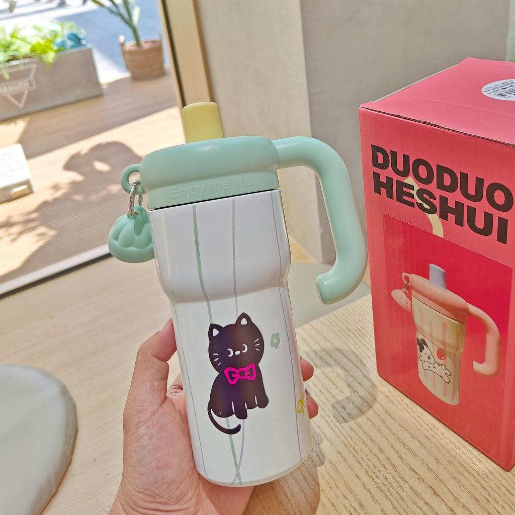 Floral Cartoon Handle Stainless Steel Vacuum Insulated Cup with Tea Infuser and Straw