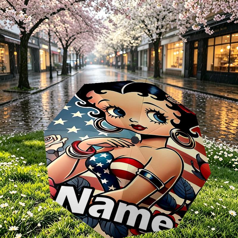 Custom Name Personalized Betty Boop Print Umbrella, Auto Open Close, 8‑Rib Sturdy Frame, Commute Camping Hiking Use, Birthday Gift