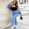 New trendy tooling jeans women's spring and autumn multi-pocket wide-leg casual pants