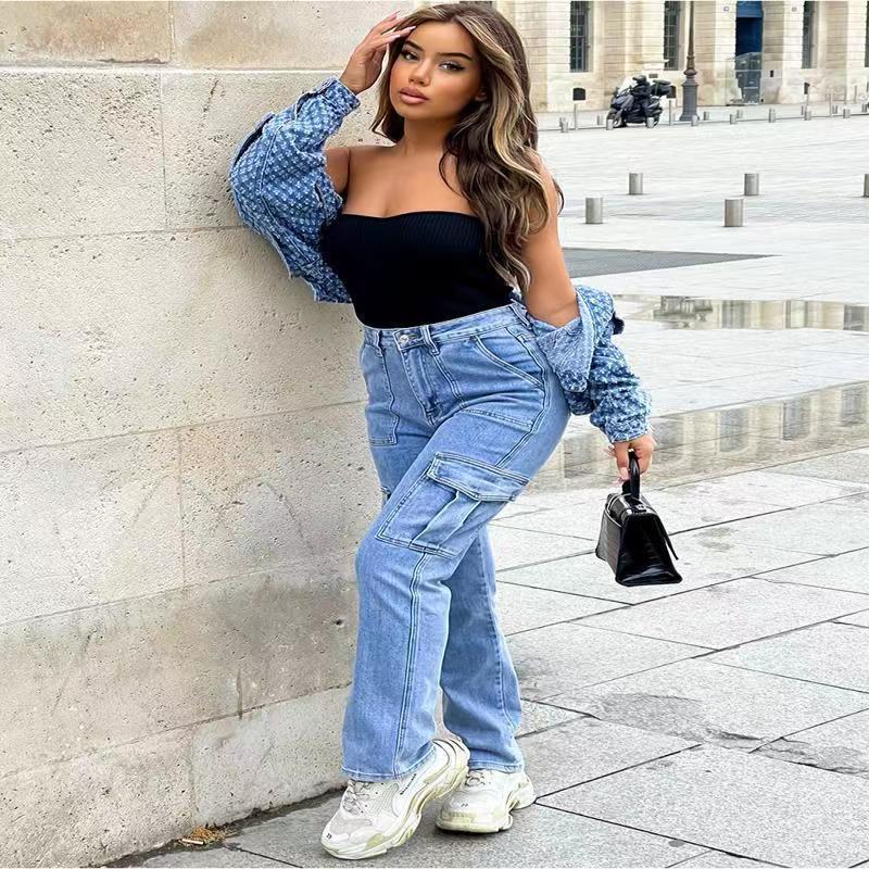 New trendy tooling jeans women's spring and autumn multi-pocket wide-leg casual pants