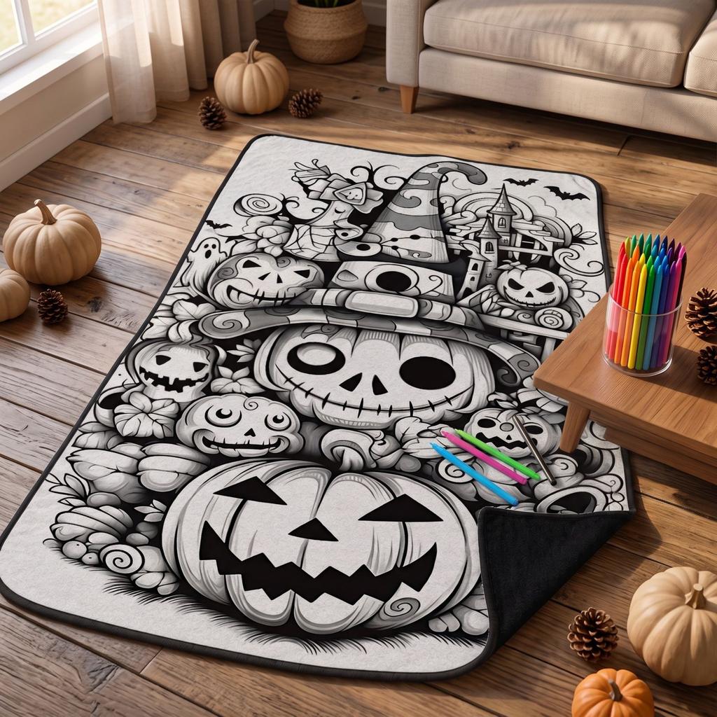 Kids Halloween Doodle with Color Pens, Large 100 150 Cm Coloring Blanket for Family Drawing Activities