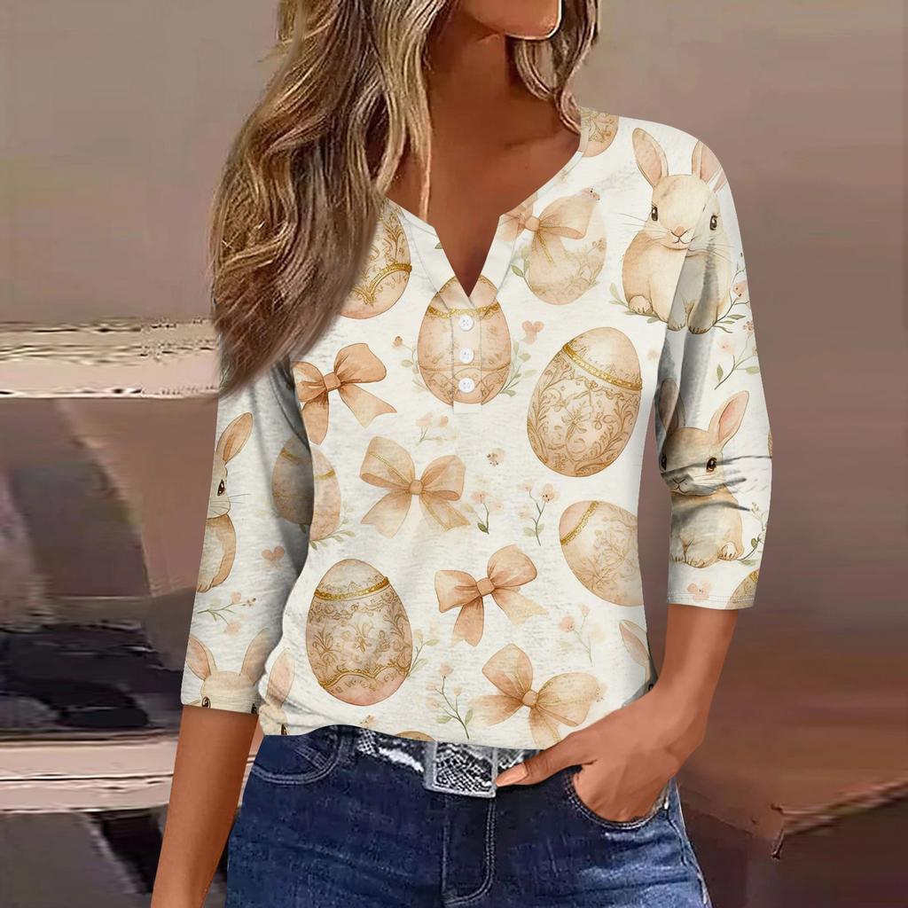 Women's Fashion Casual Easter Printed V-neck Short Sleeve Decorative Button Seven Sleeve T-shirt Top