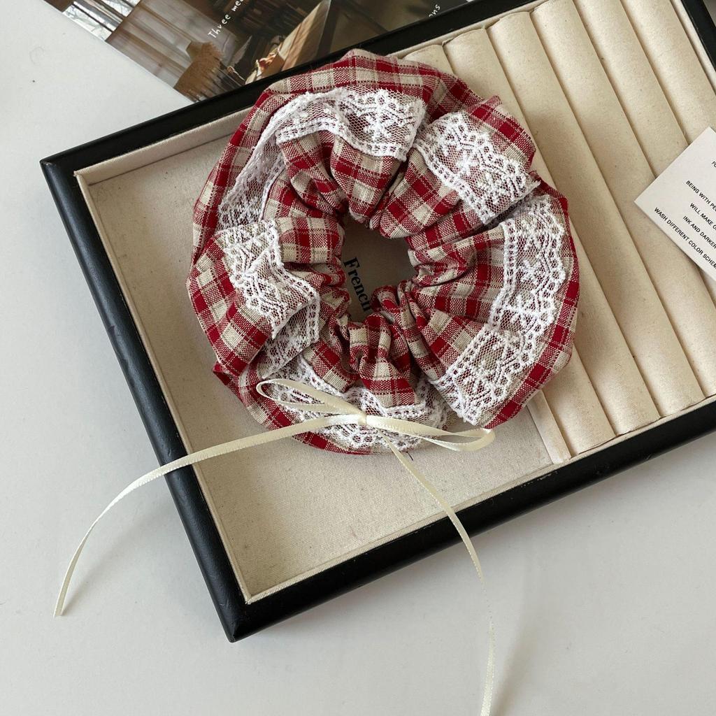 Elegant French Plaid Lace Bow Hair Scarf with Elastic Band