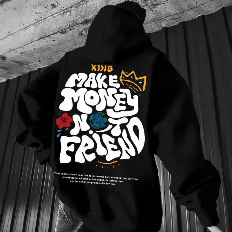European Trendy Unisex Hoodie with Printed Design, Plus Velvet, Long Sleeve, Drop Shoulder - Perfect for Spring and Autumn.