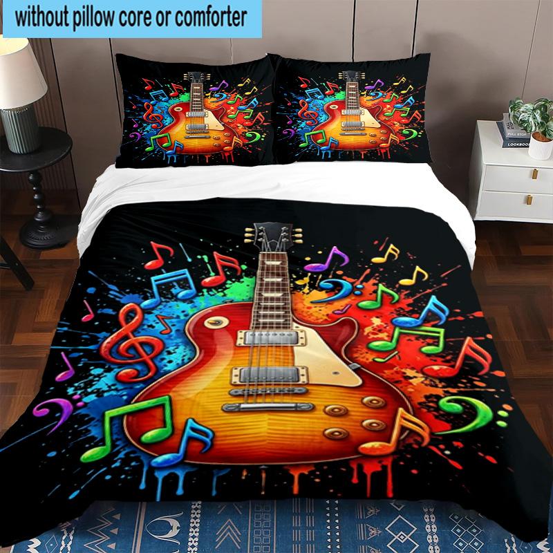 Neon Guitar Melody 3pcs Bedding,Including 1pc Duvet Cover And 2pcs Pillowcases Perfect for Christmas,Ideal for Bedroom, Dormitory
